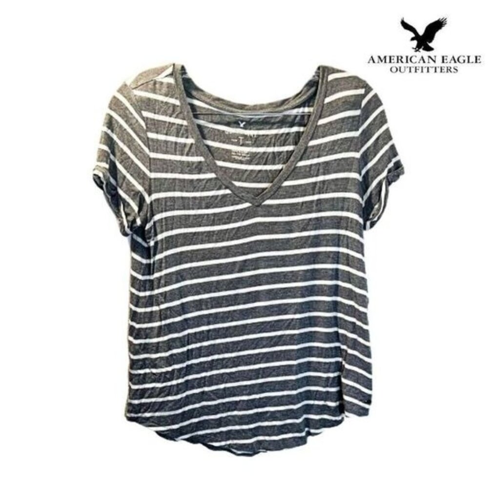 American Eagle Women's Short Sleeve Casual Tee Striped Soft‎ & Sexy V-Neck
